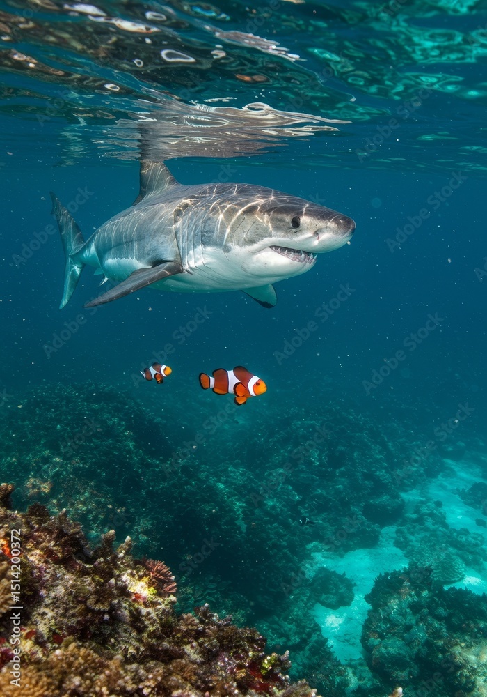 Fototapeta premium Realistic Photo of Great White Shark with Fish Underwater Ocean Wildlife