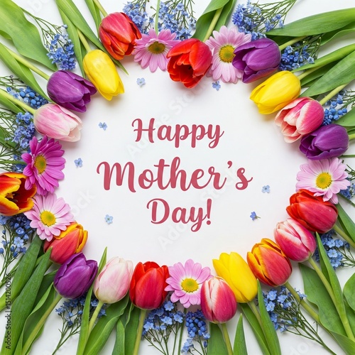 A festive Happy Mothers Day message centered within a colorful floral wreath of tulips, daisies, and forget-me-nots on a white background.