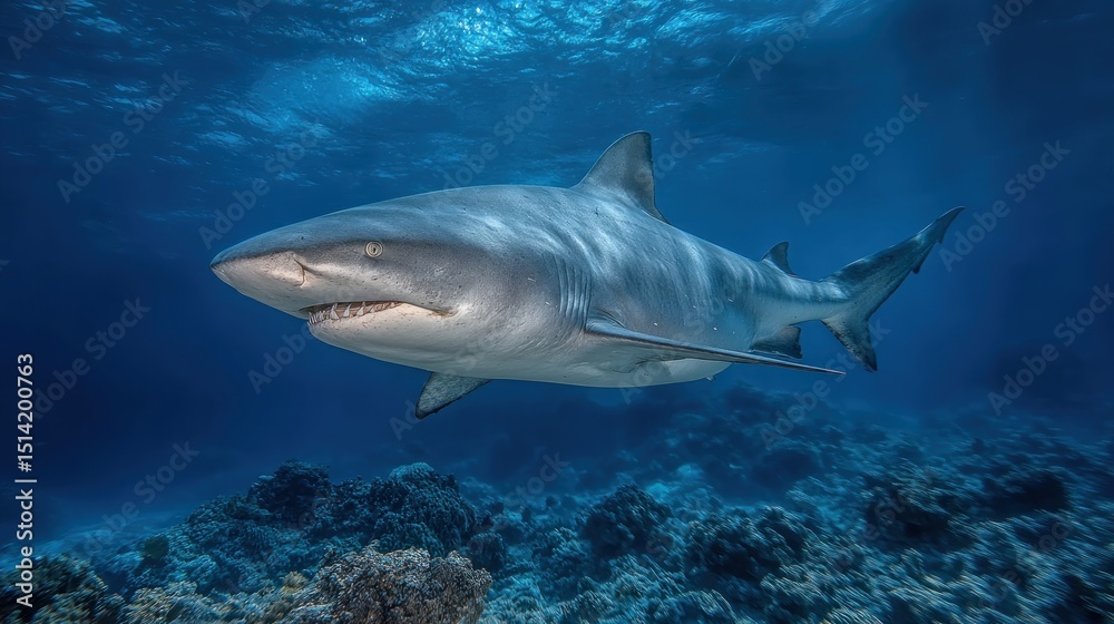 Fototapeta premium Majestic bull shark gracefully swimming in the crystal-clear turquoise sea