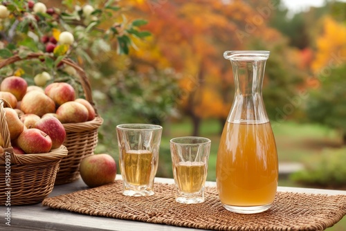 fresh apple juice in glasses and carafe with baskets of apples in a colorful orchard background