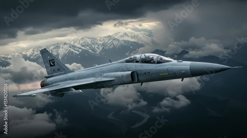 Pakistani JF-17 Thunder Soaring Through Majestic Mountain Skies Amidst Cloudscape
