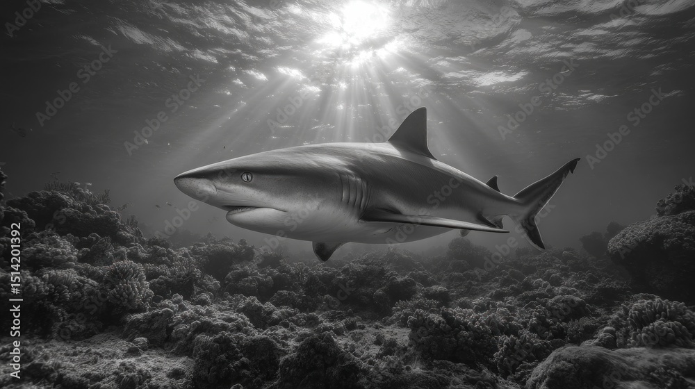 Obraz premium Monochrome majesty: Caribbean reef shark glides through sunlit coral seascape