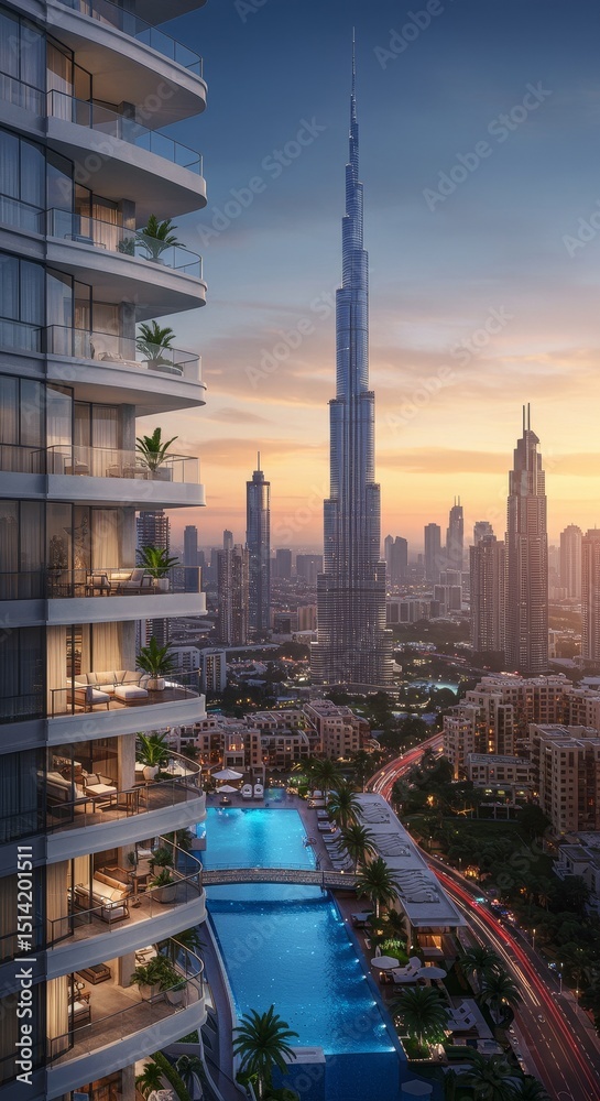 Obraz premium Skyscraper View of Dubai Cityscape From Modern Building Architecture
