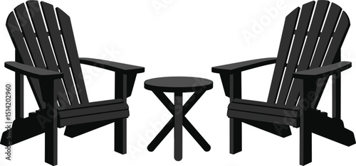 Silhouette vector of two Adirondack chairs with a small round table between them, isolated on a transparent background. Perfect for outdoor, patio, or leisure-themed designs.