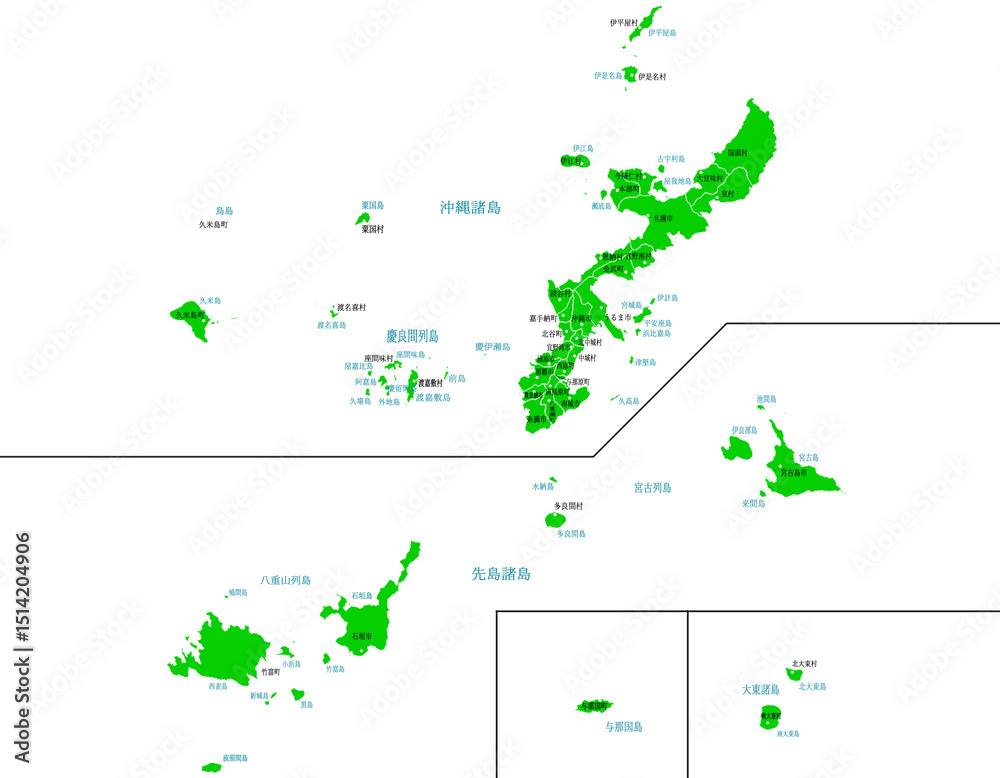 Fototapeta premium 沖縄県 地図 グリーン 斑点 イラスト