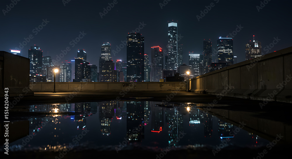 Fototapeta premium Urban Skyline Reflection in Water at Night from Rooftop