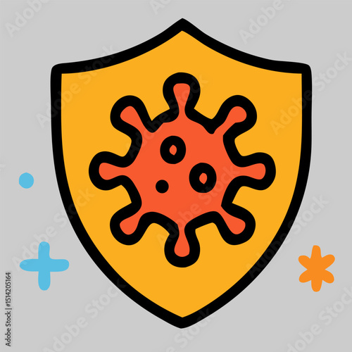 Virus protection icon vector with shield and virus symbol, representing immunity, defense system, vaccine, and health safety measures in flat style.