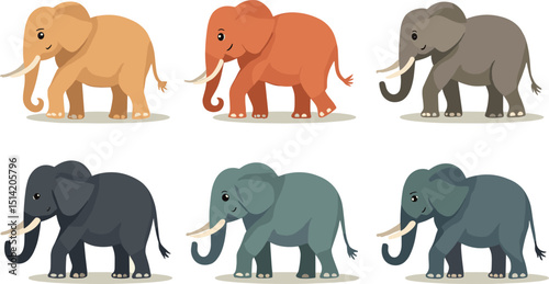 A set of cute elephant mascot vector clip arts. Gentle, playful, colourful designs isolated on transparent background. Perfect for wildlife, kids’ projects, and fun branding.