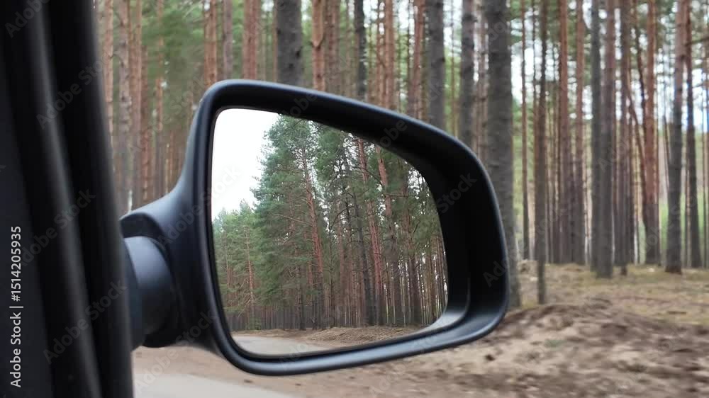 The right side mirror on a moving car reflects a forest landscape with green pines going back in cloudy weather.