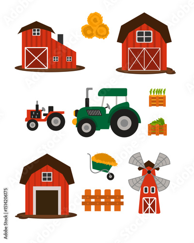 A collection of flat farm and agriculture icons including red barns, tractors, windmill, wheelbarrow, hay bales, chicken coop, and fences. Colorful vector illustration for farming,