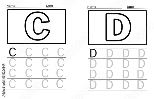 Writing practice of letters C and D. Coloring and tracing book. Education for children illustration