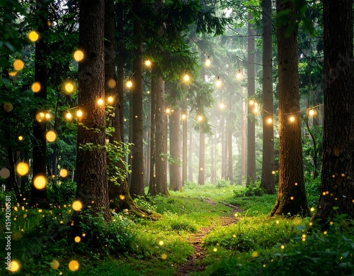 Mystical forest path lit by lights