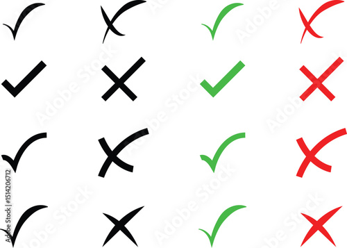 Set of Colorful Checkmarks and Cross Symbols in Black, Green, and Red Isolated on White Background for Design Use