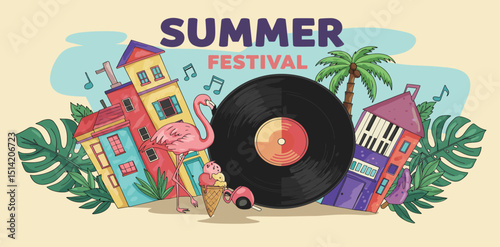 Colorful geometric summer music festival background, poster, banner. Summer time fun concept design promotion design.