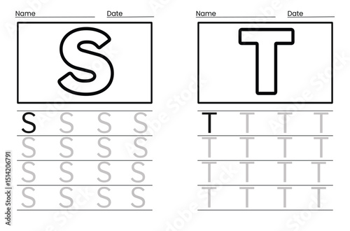 Writing practice of letters S and T. Coloring and tracing book. Education for children illustration