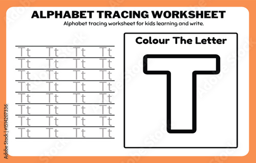 Writing practice of letters T. Coloring and tracing book. Education for children illustration