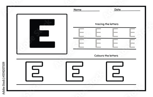 Letter E trace uppercase and coloring abc alphabet worksheet for kids English vocabulary. Handwriting tracing practice illustration