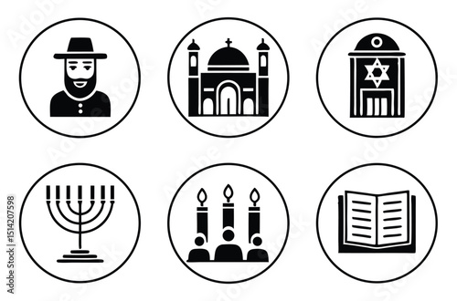 Jewish Religion and Culture Glyph Icons – Rabbi, Synagogue, Menorah, Torah, Shabbat, and More