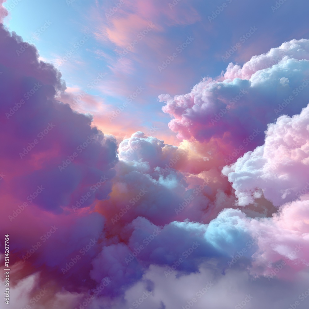 Fototapeta premium Dreamy Sky:Pastel cloudscape with soft pink, blue, and purple hues. A serene and dreamy atmosphere evokes feelings of peace and tranquility.