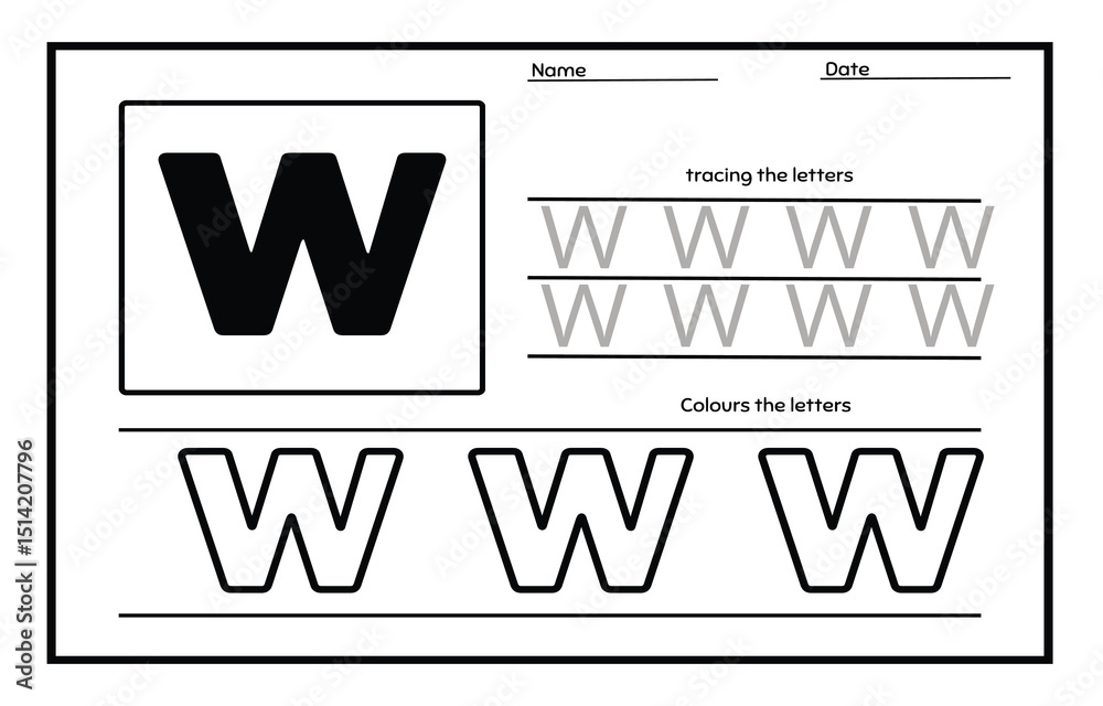 Obraz premium Letter W trace uppercase and coloring abc alphabet worksheet for kids English vocabulary. Handwriting tracing practice illustration