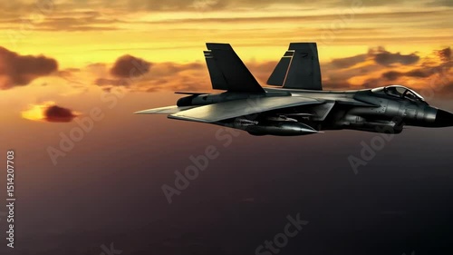 Dramatic tactical jet fighters flying against a vivid cloudy sunset sky, powerful aviation imagery.