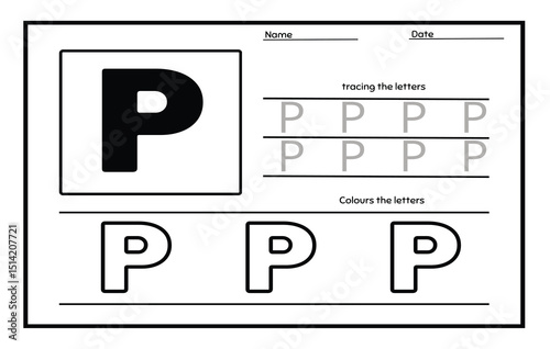 Letter P trace uppercase and coloring abc alphabet worksheet for kids English vocabulary. Handwriting tracing practice illustration