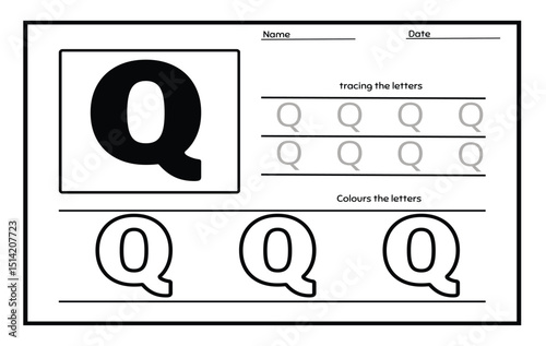 Letter Q trace uppercase and coloring abc alphabet worksheet for kids English vocabulary. Handwriting tracing practice illustration