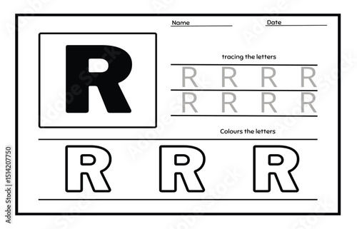 Letter R trace uppercase and coloring abc alphabet worksheet for kids English vocabulary. Handwriting tracing practice illustration