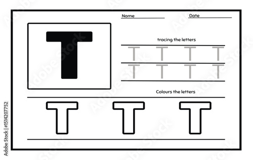 Letter T trace uppercase and coloring abc alphabet worksheet for kids English vocabulary. Handwriting tracing practice illustration