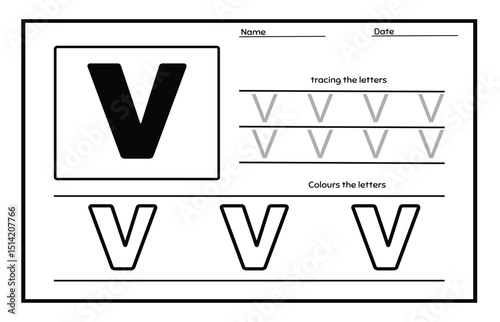 Letter V trace uppercase and coloring abc alphabet worksheet for kids English vocabulary. Handwriting tracing practice illustration
