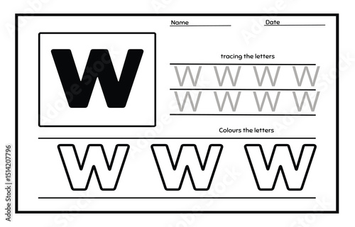 Letter W trace uppercase and coloring abc alphabet worksheet for kids English vocabulary. Handwriting tracing practice illustration