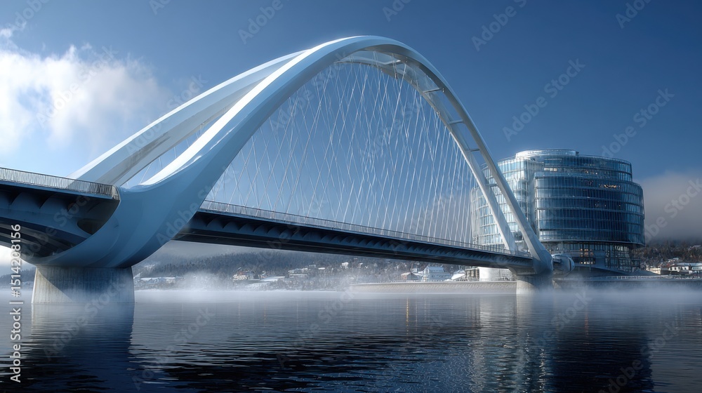Fototapeta premium Modern Arch Bridge over Water: A sleek, modern arch bridge spans a calm body of water, its elegant design reflecting in the still surface. A hint of mist adds an ethereal quality to the scene.