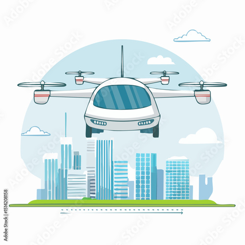 Flying car over buildings with tech rotors and soft hover motion.