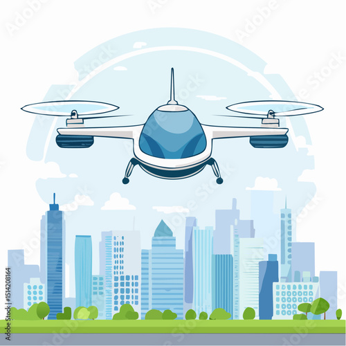 Flying car over buildings with tech rotors and soft hover motion.
