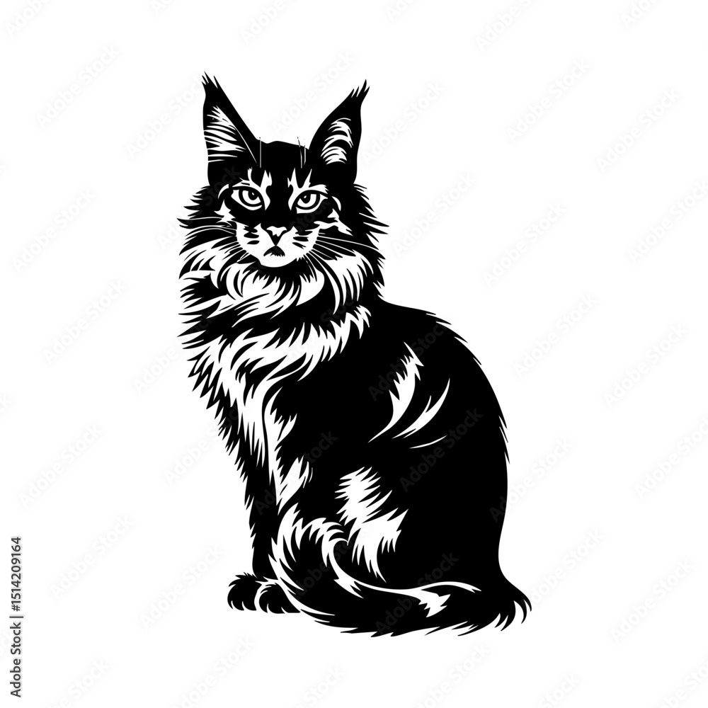 Obraz premium Maine coon cat vector art black and white illustration pet portrait feline breed design silhouette graphic image