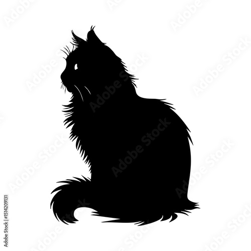 Black cat silhouette vector graphic illustration of fluffy cat sitting side view feline pet animal design 100