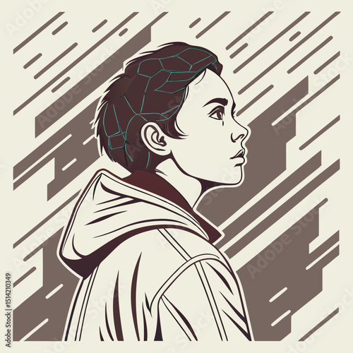 Illustration of a young person in profile wearing a hoodie against a geometric background design art