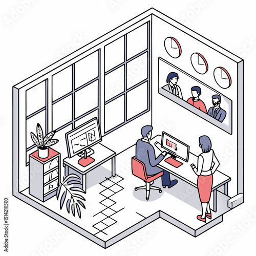 Isometric view of office space with two people working at desks and a video conference on the wall