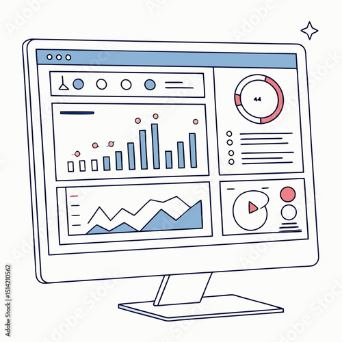 Illustration of a computer monitor displaying various data charts and graphs on its screen panel view