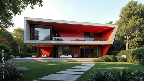 Red modern house in the woods