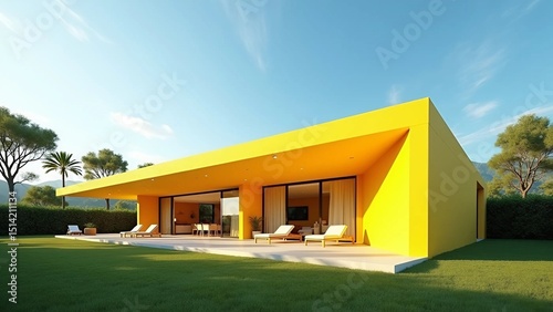 Yellow modern house with garden
