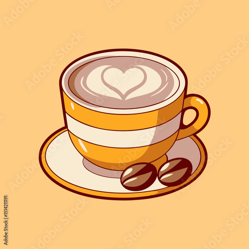 Cappuccino Cup Cartoon Icon - Coffee Drink with Latte Art