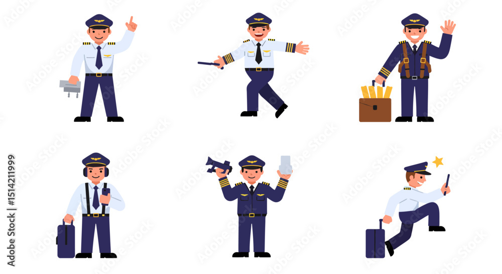 Six Cartoon Pilots in Various Poses and Uniforms Six Cartoon Pilots in Various Poses and Uniforms