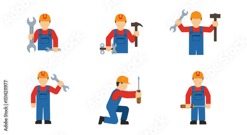Six Cartoon Construction Workers with Tools in Various Poses