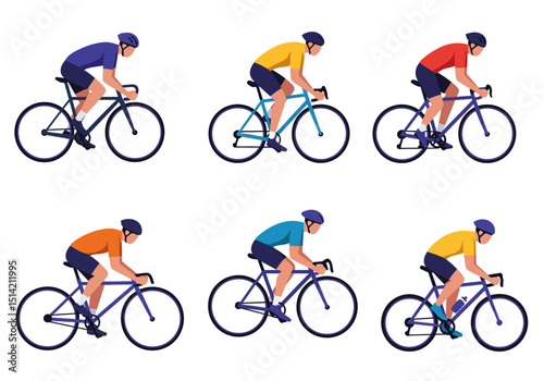 Six Cyclists Riding Bicycles with Different Colored Shirts and Helmets