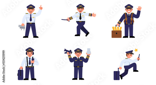 Six Cartoon Pilots in Various Poses and Uniforms