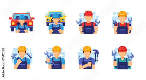 Cartoon Mechanics with Cars and Tools in Various Poses