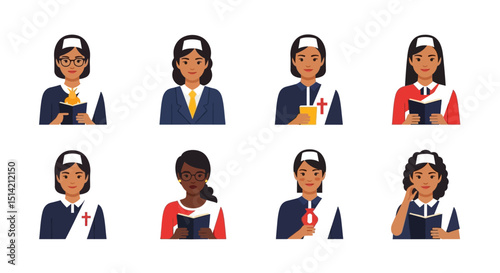 Diverse group of women in uniforms reading books and holding objects