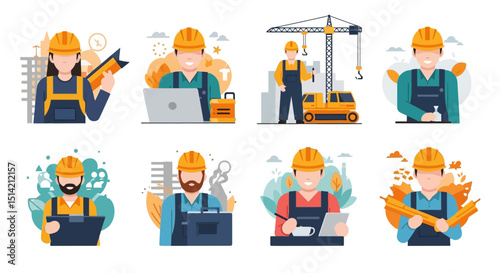 Diverse set of construction workers in various roles and activities