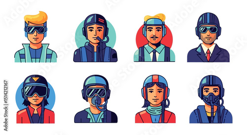 Eight Cartoon Pilots and Aviators in Various Uniforms and Headgear